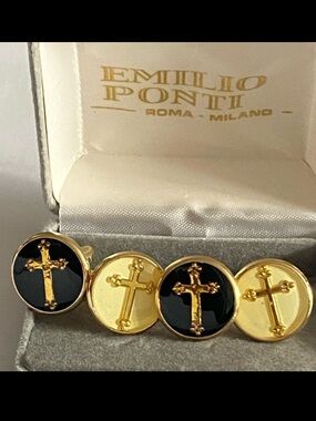 Emilio Ponti Roma Milano Gold and Black Budded Cross 2 Sets of Cufflinks In Box